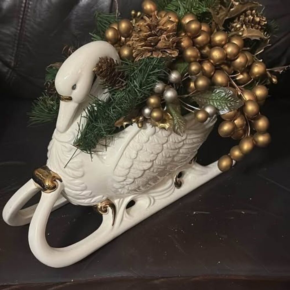 Vintage Ceramic Swan Sleigh Holiday Centerpiece